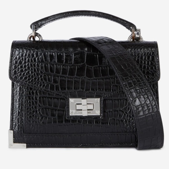 NEW The Kooples EMILY SMALL CROCODILE-EFFECT BAG BLACK LEATHER Silver - Picture 2 of 15